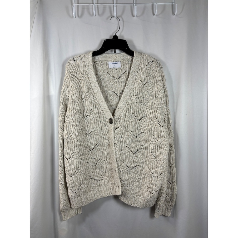 Old Navy Womens XL Cream Pointelle Knit Button Front V-Neck Cardigan Sweater